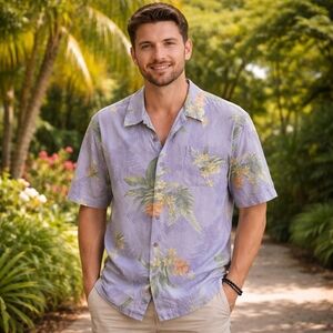 Jamaica Jaxx 100% Silk Hawaiian Shirt Men L Tropical Floral Vacation Casual